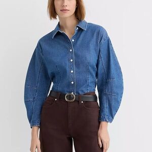 LOFT Barrel Sleeve Denim Shirt in Classic Mid Wash Womens Size Small NWT